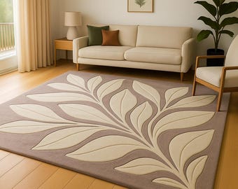 Alfombra moderna con hojas botánicas: alfombra beige y gris topo con mechones hechos a mano / alfombra contemporánea para sala de estar