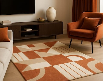 Modern Geometric Orange & Cream Area Rug – Hand-Tufted Mid-Century Style Carpet | Living Room home decor.