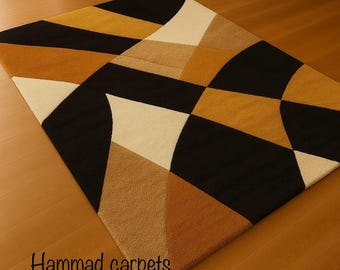 Handmade Wool Geometric Area Rug: Black, Gold & Beige