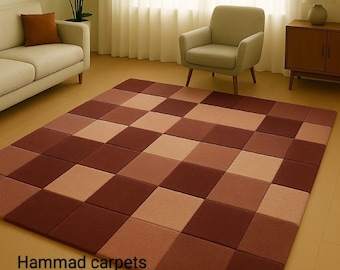 Handmade Checkered Area Rug | Multi-Tone Brown Squares | Modern Minimalist Living Room Carpet.