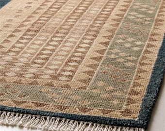 Tapis en laine noué à la main marron clair vert olive bordure classique tapis fait main salon neutre chambre à coucher décoration intérieure
