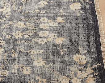 Hand Knotted Dark Floral Wool Area Rug Elegant Botanical Design Charcoal Black Beige Handmade Rug for Living Room Bedroom Decor