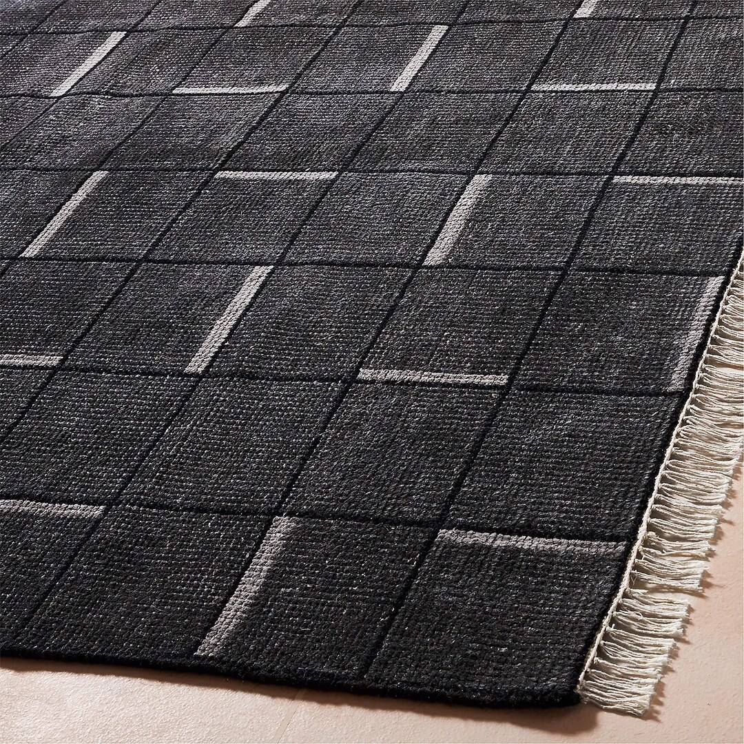 Hand Knotted Charcoal Grey Geometric Area Rug Modern Grid Pattern ...