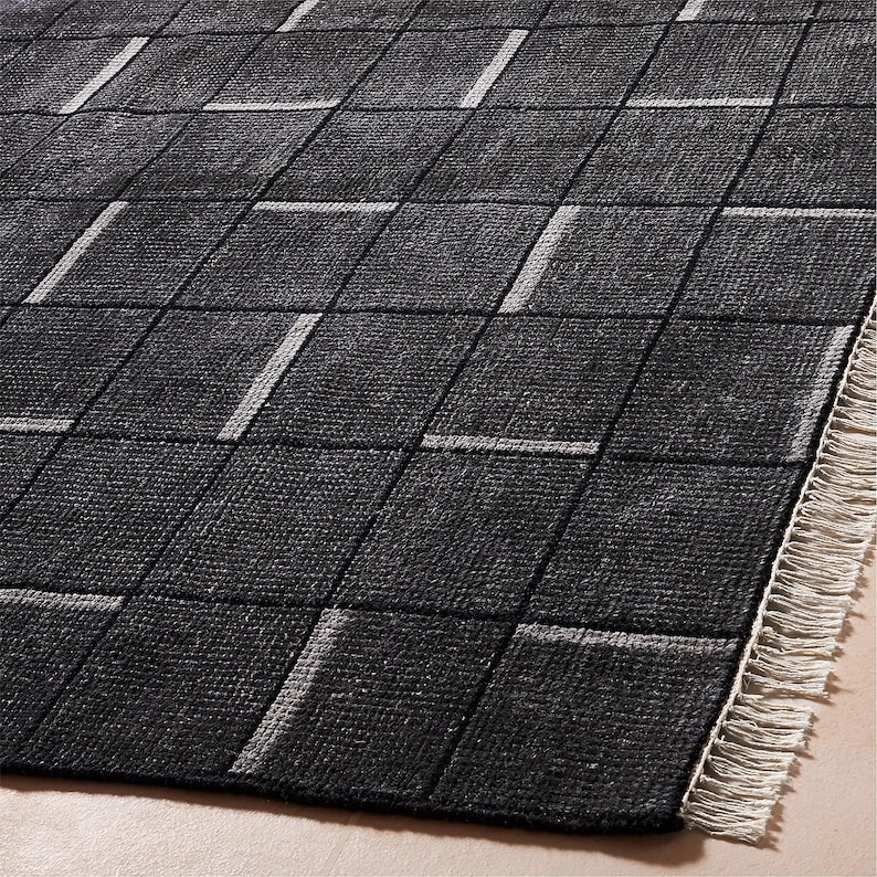 Hand Knotted Charcoal Grey Geometric Area Rug Modern Grid Pattern ...