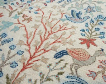 Ivory Bird Floral Hand Knotted Rug Nature Inspired Wool Area Rug Traditional Artisan Design Elegant Home Decor