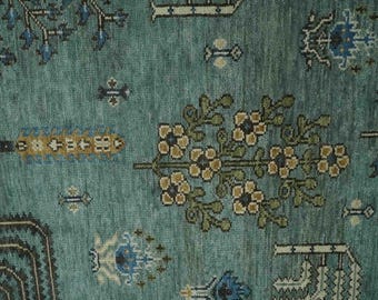Hand Knotted Teal Wool Area Rug Floral Tree Motif Oushak Persian Style Elegant Rug for Living Room Bedroom Classic Home Decor