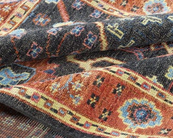 Hand Knotted Black Oushak Wool Area Rug Rustic Tribal Floral Design Dark Vintage Style Rug for Living Room Bedroom Decor