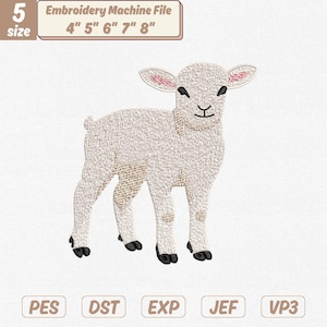 Puede incluir: Archivo de máquina de bordar con una ilustración detallada de un cordero. El cordero es de color beige claro con pezuñas negras y detalles rosas en las orejas. El texto indica tamaños de 10,16 cm a 20,32 cm y formatos de archivo. Incluye el texto "Embroidery Machine File".
