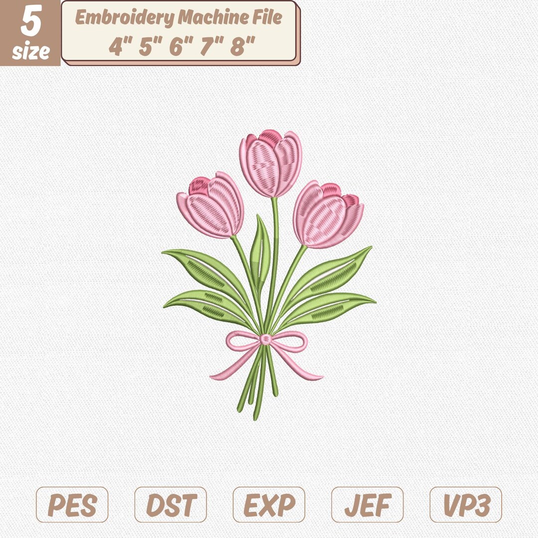 Pink Tulip Flower Embroidery Design, Spring Floral Machine Embroidery ...