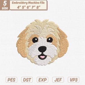 May include: An embroidered dog face with a cream and tan color scheme. The dog has black eyes and a black nose, with a pink tongue. The text "Embroidery Machine File" and sizes 4", 5", 6", 7", and 8" are displayed.