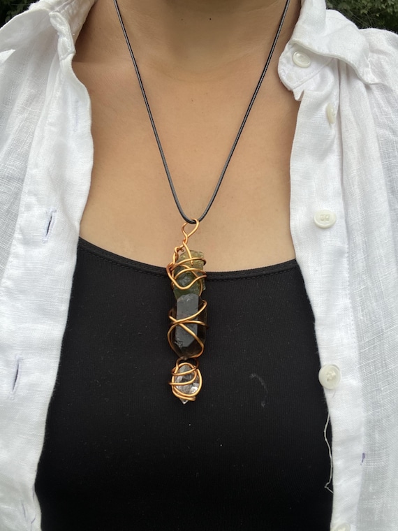 Moldavite Herkimer Diamond Smoky Quartz Pendant - Authentic High-Energy Natural Stones | Hand-Wrapped in Copper | Handmade by LiliSpiritualArt