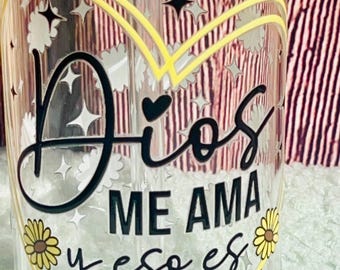 Dios Me Ama Floral Glass Tumbler | Christian Gift with Bamboo Lid