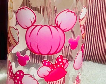 Pink Minnie Mouse Glass Tumbler: Kawaii Coffee Cup with Bamboo Lid