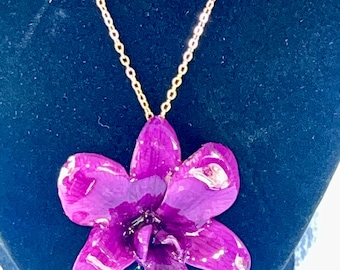 Purple Orchid Resin Pendant Necklace • Handmade Gold Chain Floral Jewelry