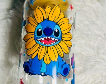 Stitch Floral Glass Iced Coffee Cup | Bamboo Lid & Glass Straw