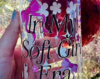 In my soft girl era 16 oz glass glass cup tumbler with bamboo lid and crystal straw included , gift for her , gift , aesthetic cup