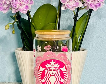 Pink Glam Coffee Glass Can | 16oz Tumbler with Bamboo Lid, Iced Coffee Cup