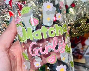 Matcha Girly Glass Tumbler 16oz | Matcha Lover Aesthetic Cup | Cute Matcha Glass with Bamboo Lid | Iced Coffee Matcha Cup Gift
