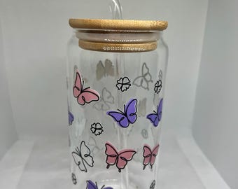 Glass Can Cup with Bamboo Lid Straw | Pink Blue Butterflies Tumbler | Iced Coffee Drinkware