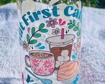But First Coffee Glass Can Tumbler | 16oz Iced Coffee Cup with Bamboo Lid