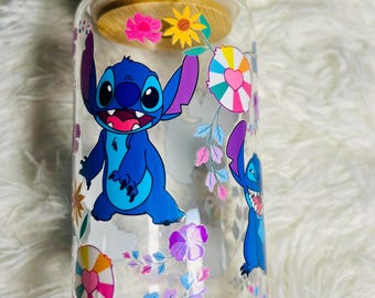 beach playful stitch 16 oz glass cup tumbler design ( gift )