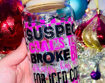 Funny Iced Coffee Glass Can Cup | Pink Bow, Bamboo Lid 16oz