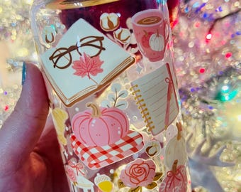 Fall Book Lover Glass Can Cup | Cozy Autumn Reading Glass | Pumpkin Coffee Cup 16oz | Aesthetic Bookish Tumbler Gift