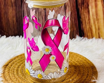 Breast Cancer Awareness Glass Tumbler | Pink Ribbon & Daisies