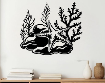Arte de pared vintage de hierro con forma de estrella de mar y coral, decoración de metal negro costero para sala de estar o baño, regalo con temática náutica oceánica.