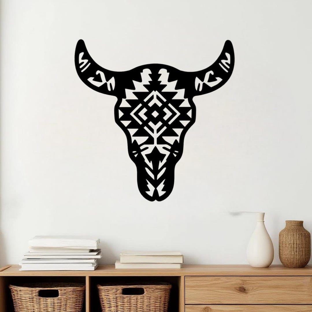 Aztec Bull Skull Metal Wall Art, Black Tribal Southwestern Decor for ...