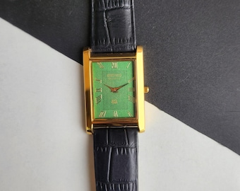 Vintage Überholte Seiko Slim Quarz Grünes Gesicht 26 MM Rechteckige Herrenuhr