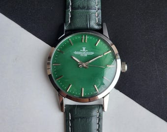 Vintage Jaeger-LeCoultre Men's Wrist Watch Green Face 35mm Green Croco Leather Strap