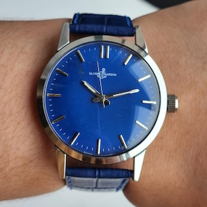 Reloj vintage Ulysse Nardin de cuerda manual para hombre, esfera azul, 35 mm, correa de piel de cocodrilo azul imagen 9