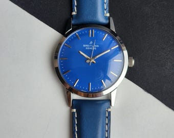 Vintage Breitling Geneve Hand Winding Men's Watch Blue Face 35mm Blue Leather Strap