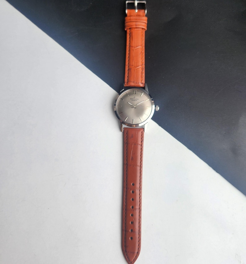 May include: A silver wristwatch with a brown leather strap. The watch face is silver with simple markers and hands. The strap is a reddish-brown colour with a textured, crocodile-style pattern.