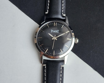Vintage Piaget Men's Wrist Watch Black Face 35mm Black Leather Strap