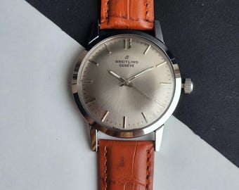 Vintage Breitling Geneve Hand Winding Men's Watch Silver Face 35mm Tan Croco Leather Strap