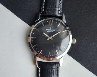 Vintage Breitling Geneve Hand Winding Men's Watch Black Face 35mm Black Croco Leather Strap