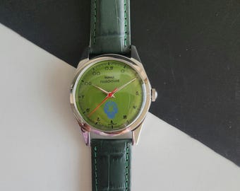 Reloj de pulsera HMT Gandaberunda vintage reacondicionado con esfera verde de 35 mm y cuerda manual para hombre.