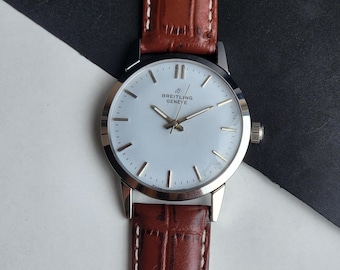 Vintage Breitling Geneve Hand Winding Men's Watch White Face 35mm Brown Croco Leather Strap