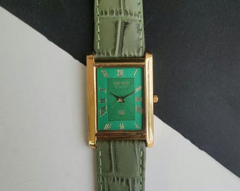Vintage Überholte Seiko Slim Quarz Grünes Gesicht 26 MM Rechteckige Herrenuhr