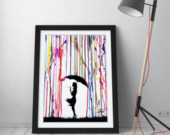 Estampado de niña con paraguas al estilo Banksy / Silueta de lluvia colorida