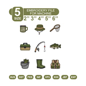 Könnte beinhalten: Ein digitales Stickdateien-Set mit neun Angel-Motiven: ein Becher mit dem Text FISH CAMP REPEAT, ein Hut, ein Netz, ein Angelkasten, eine Angelrute, ein Fisch, ein Eimer mit Fisch, Stiefel und eine Weste, erhältlich in 5, 8, 10, 13 und 15 cm.