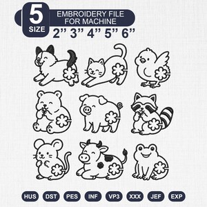May include: An embroidery file for machine featuring nine black and white animal line art designs including a dog, cat, chick, bear, pig, raccoon, mouse, cow, and frog, each with a small flower icon. Text reads 5 SIZE 2" 3" 4" 5" 6" and HUS DST PES INF VP3 XXX JEF EXP.