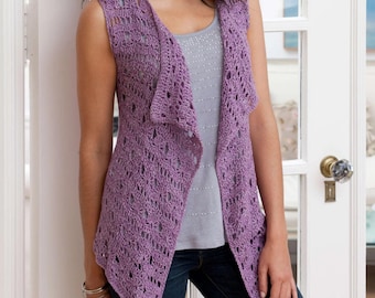 Schema per lavorare a maglia un gilet drappeggiato all'uncinetto, schema per lavorare a maglia in PDF da scaricare, schema per lavorare a maglia un gilet senza maniche a maglia rasata facile, download digitale