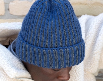 Modèle de bonnet en tricot basset brioche, modèle de tricot, modèle de bonnet en tricot brioche côtelé, bonnet bicolore, téléchargement PDF, PDF anglais