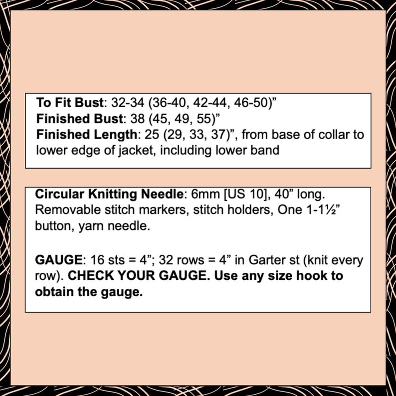 Puede incluir: Una tarjeta rectangular blanca con texto negro que proporciona detalles de un patr&oacute;n de tejido. El texto incluye medidas de busto y largo en pulgadas, tama&ntilde;o de aguja e instrucciones de calibre. La tarjeta est&aacute; sobre un fondo decorativo.
