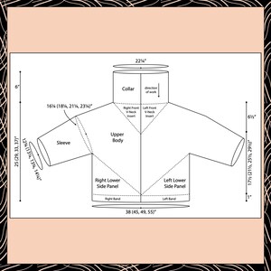 Puede incluir: Un diagrama de un su&eacute;ter con medidas en cent&iacute;metros. El cuello mide 56,5 cm de ancho. El cuerpo superior est&aacute; etiquetado, con la manga que mide 41,3 cm. Los paneles laterales inferiores derecho e izquierdo tambi&eacute;n est&aacute;n etiquetados.
