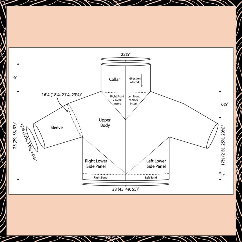Puede incluir: Un diagrama de un su&eacute;ter con medidas en cent&iacute;metros. El cuello mide 56,5 cm de ancho. El cuerpo superior est&aacute; etiquetado, con la manga que mide 41,3 cm. Los paneles laterales inferiores derecho e izquierdo tambi&eacute;n est&aacute;n etiquetados.