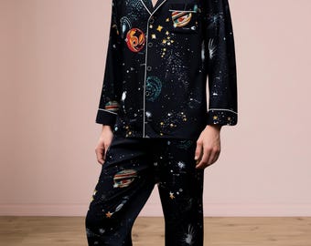 Mulberry-zijden pyjamaset heren | Nachtkleding met Galaxy-print